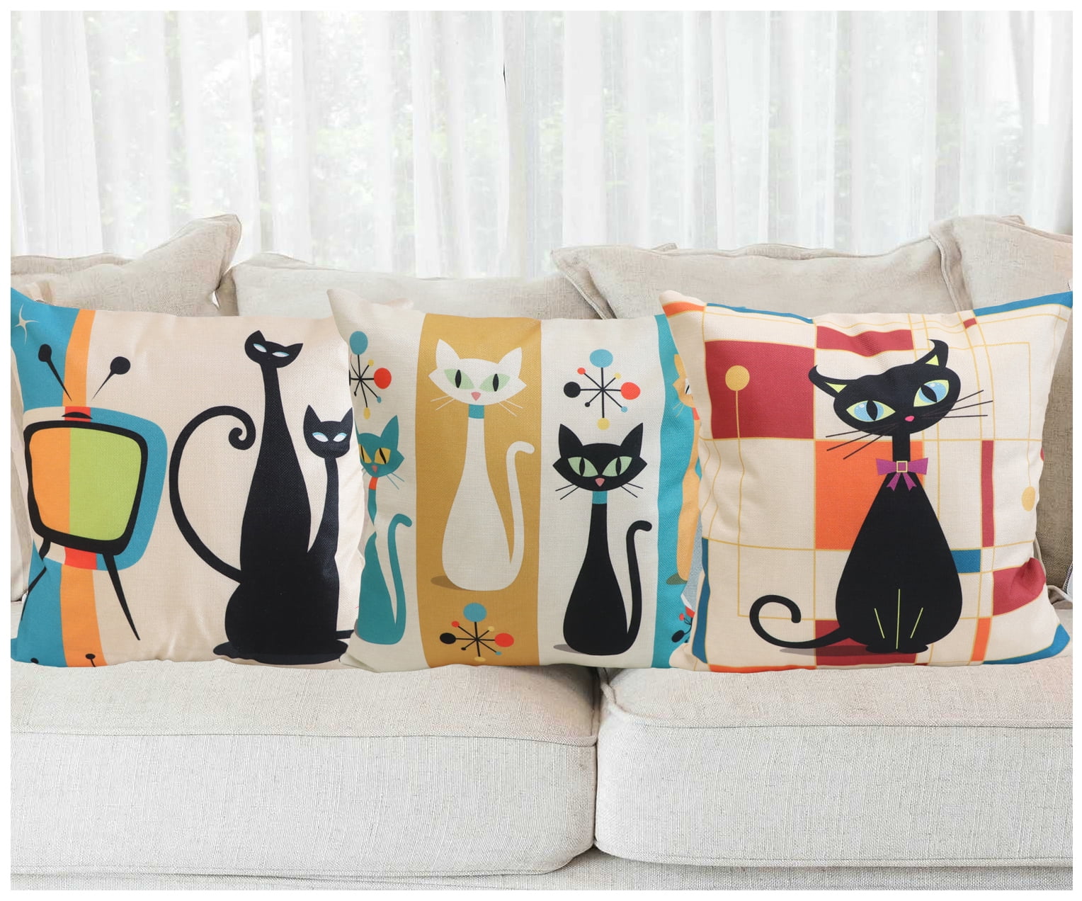 NYDECOR Cat Pillow Covers Pet Throw Pillow Cases Animal Kitty Pillowcase Square Cotton Linen Cushion Cover for Couch Sofa Bed Patio 18x18 Set of 4 Cat Decor