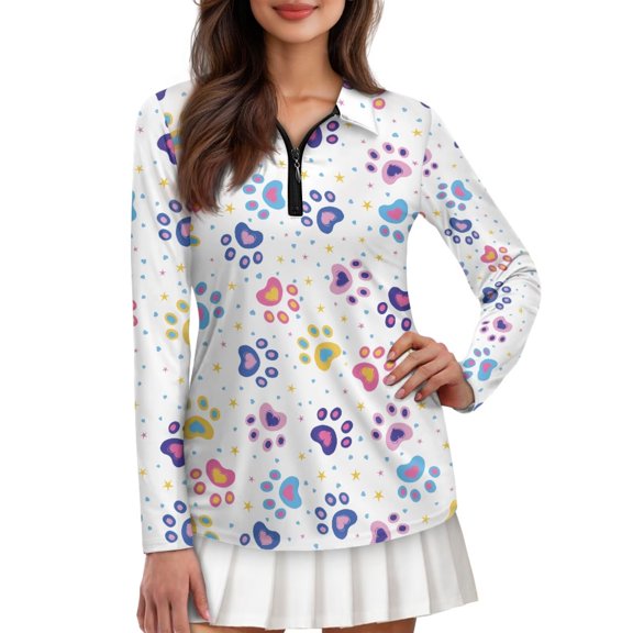 Garronmavis Women's Long Sleeve Golf Shirt Zipper Tennis Shirts for Women Collared Shirts Tops Athletic Tops Dog Paw Golf Shirt, Colorful Dog Paw Prints, Size XS