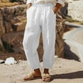 thumbnail image 3 of Ohufall Cotton Linen Pants for Women Summer Solid Casual Outdoor Beach Pants Fashion Loose Comfortable Drawstring Elastic High Waist Pants with Pockets, 3 of 6