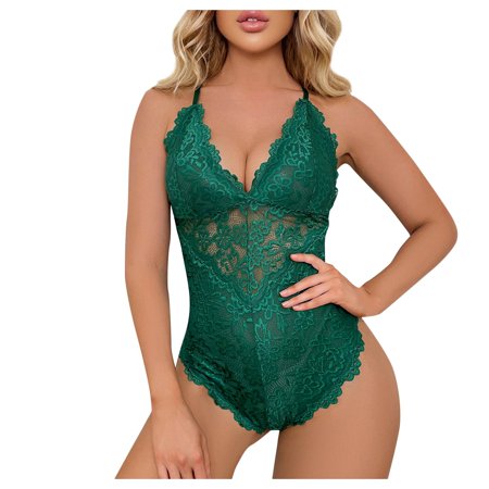 

RPVATI Lace See Through One Piece Bodysuit for Women Sexy Halter Lingerie Teddy Babydoll