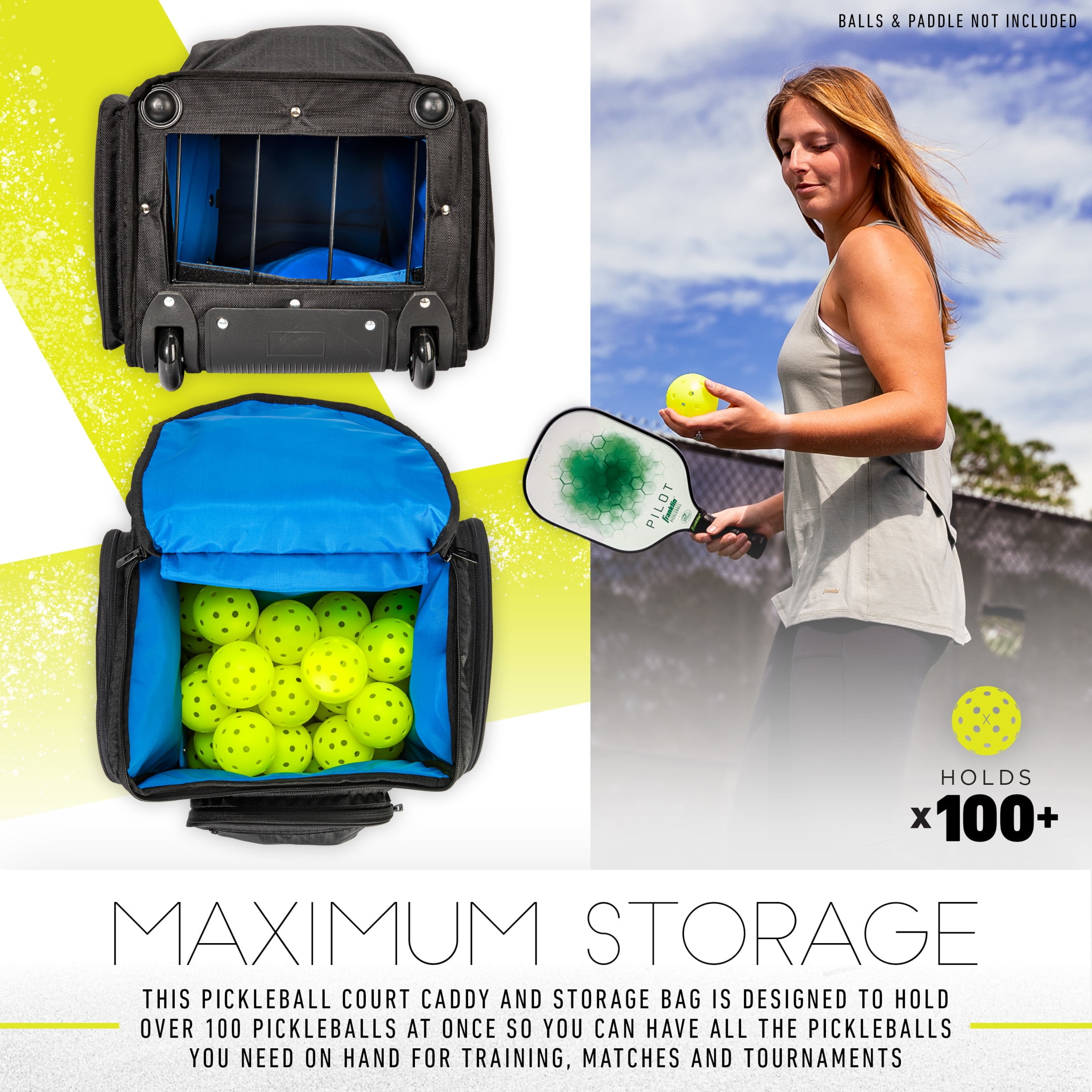 Franklin Sports Portable Pickleball Hopper Bag + Caddy - Pickleball Ball Retriever + Storage Bag - 100 Ball Rolling Hopper Basket for Pickleballs - Pickleball Training Equipment + Accessory