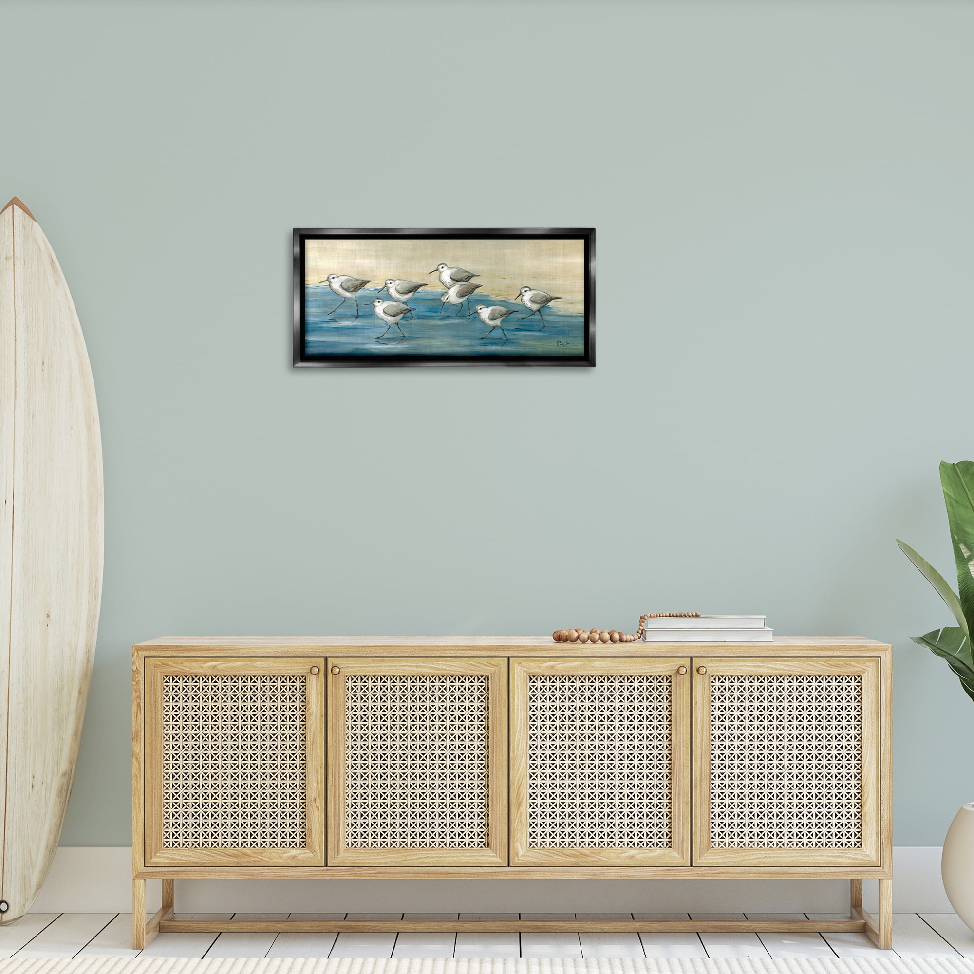 Stupell Industries Sandpiper Bird Flock Beach Shoreline Nature Painting Black Floater Framed Canvas Art Print Wall Art, 31 x 14