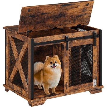 IDEALHOUSE 37   Sliding Barn Door Dog Crate Furniture with Flip Top and Movable Divider  Wooden Dog Crate Table  Dog Kennel Side End Table  Rustic Brown
