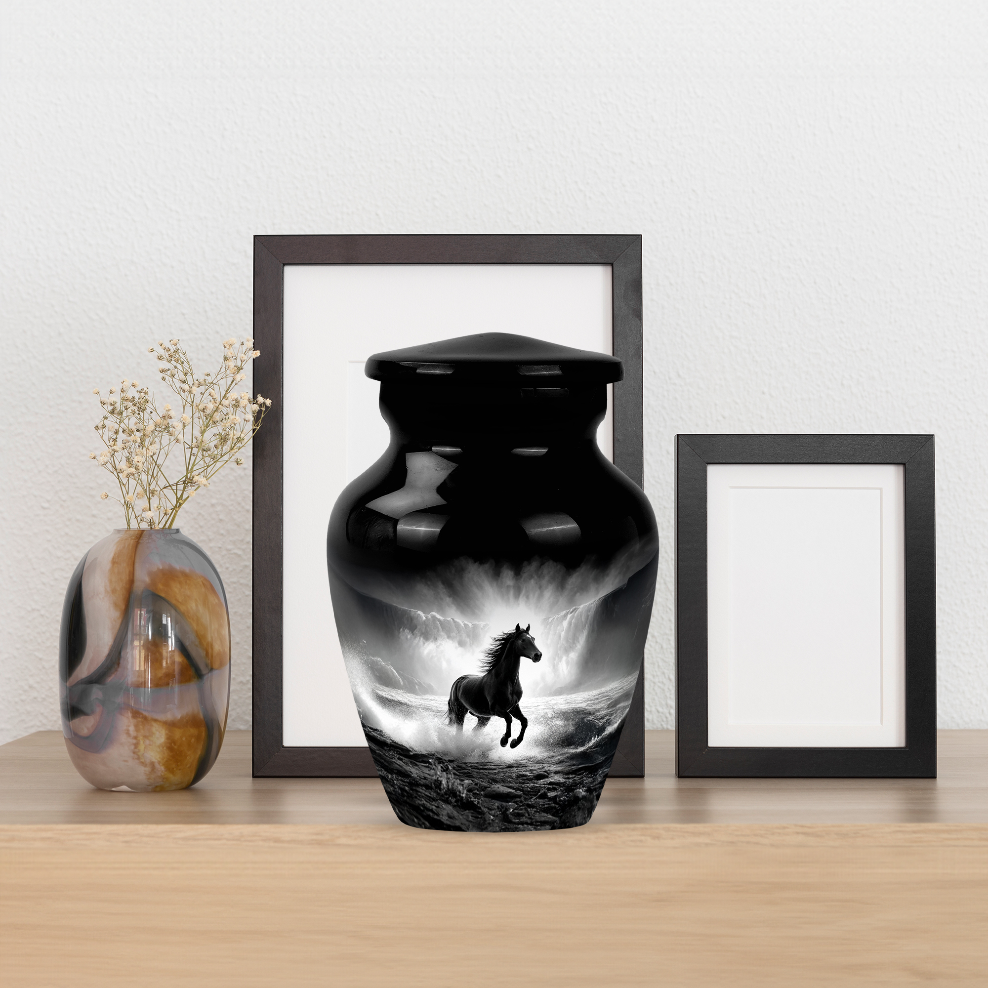 MUKTIVE Waterfall Tiny Cremation Urns for Adult Male, Mini Black Burial Urn for Ashes for Women, Keepsake Horse Memorial Decorative Funeral Ash Urns for Human, 3 Inch