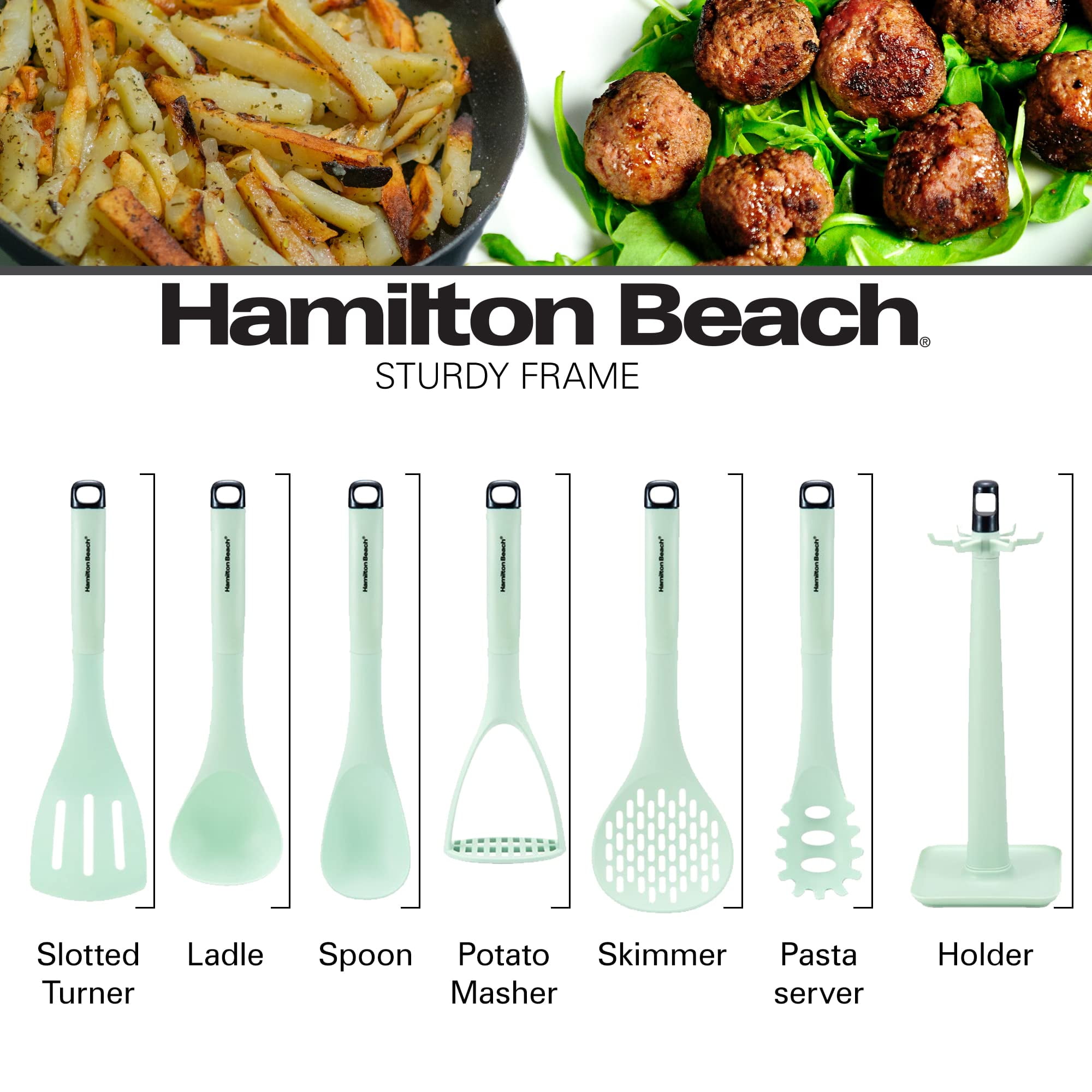 Hamilton Beach Nylon Kitchen Utensil Set 7 Piece | Cooking Utensil set – Slotted turner, Ladle Skimmer, Pasta Server, Potato Masher, Solid spoon Holder - Kitchen Gadgets for Nonstick Cookware