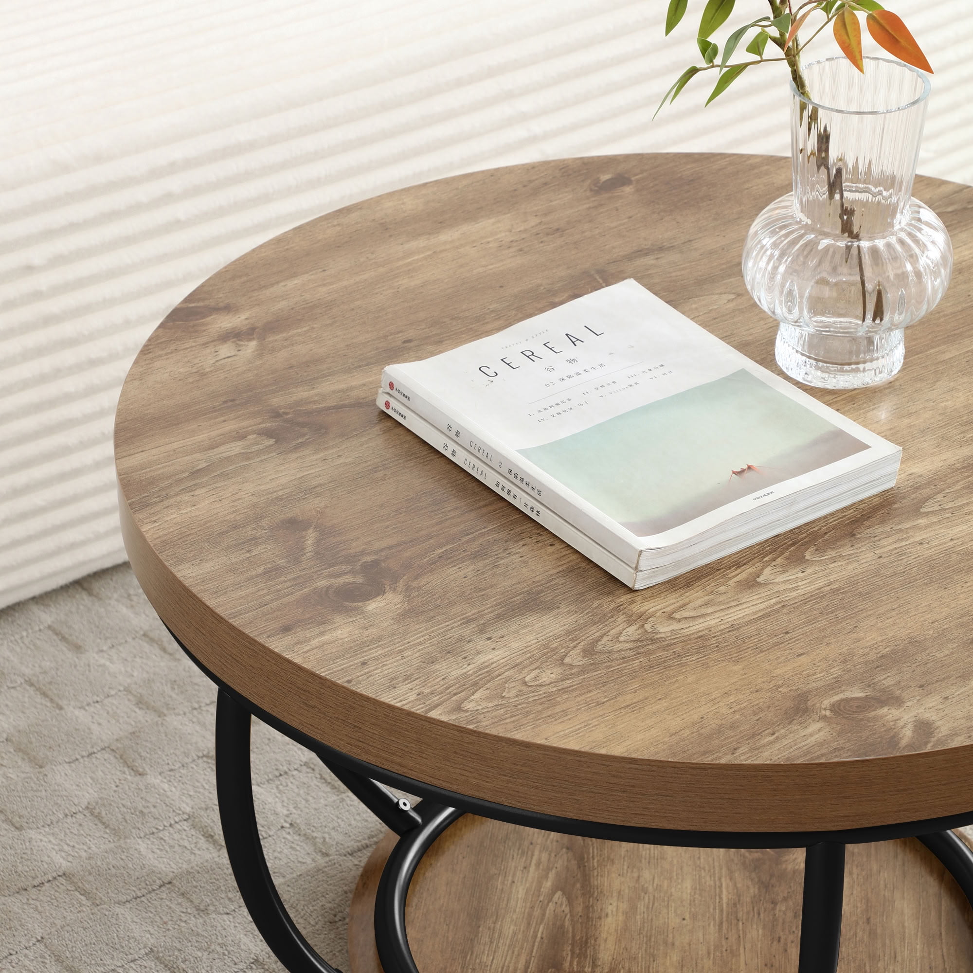 MAYEERTY 31 Inch Round Coffee Table, 2-Tier Cocktail Table with Metal Frame, Dual Storage Shelves for Living Room Apartment Home Office