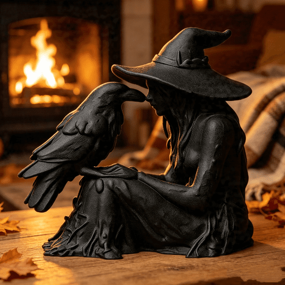 3D Printed Witch & Raven Figurine – Black Witch Statue with Hat Gothic Sculpture for Desk, Shelf, Halloween Decor, Dark Art Collectible, Mini 3D Printed Ornament, 3.2in Tall