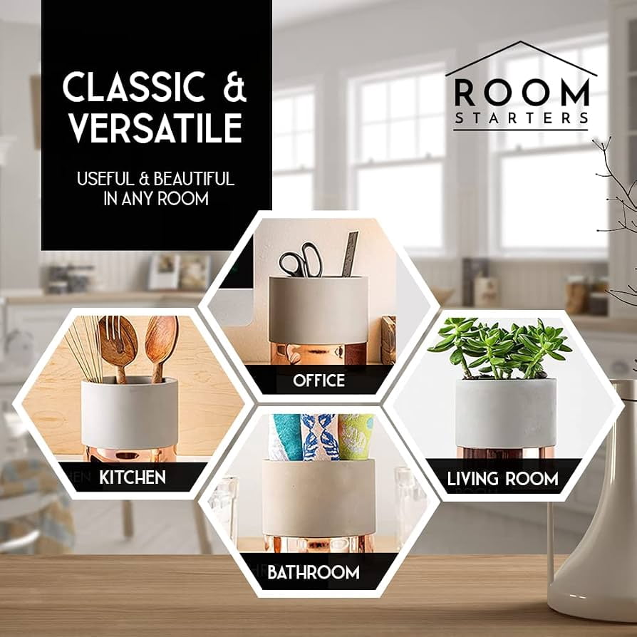 Room Starters Kitchen Utensil Holder Caddy for Countertop, Large, Concrete & Steel, Copper