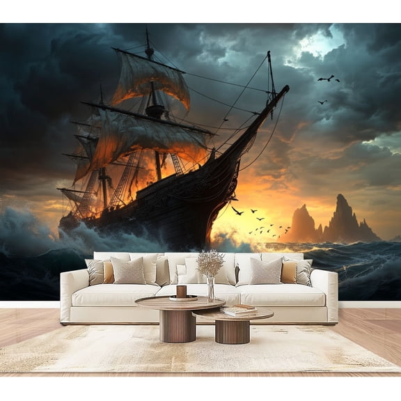 Wallpaper Pirate Ship Nautical Ghost Ship Stormy Sea Burning Peel and Stick Wall Murals 100"H x 144"W Removable PVC Wall Paper Self-Adhesive Wall Paintings Art Decor for Bedroom Living Room