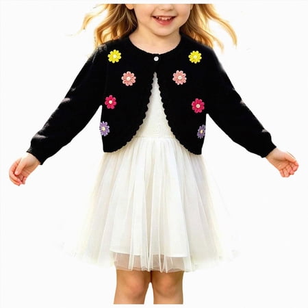 CAUYDY Toddler Girls Long Sleeve Bolero Cardigan Colorful Floral Sweater Kids Cute Button Knit Shrug Cropped Sweaters Tops(L101-Black 7-8 Y)