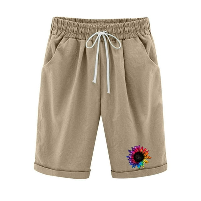 Birdeem Pantalon Femme Été Imprimé Cinq Points Grande Taille Coton Lin Pantalon Décontracté