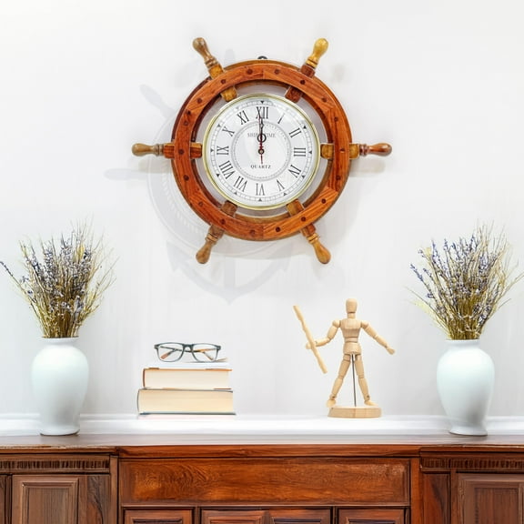 Nagina International Nautical Wooden Ship Wheel with Quartz Clock - Pirate Home Decor Wall Hanging Gifts (36 inches)