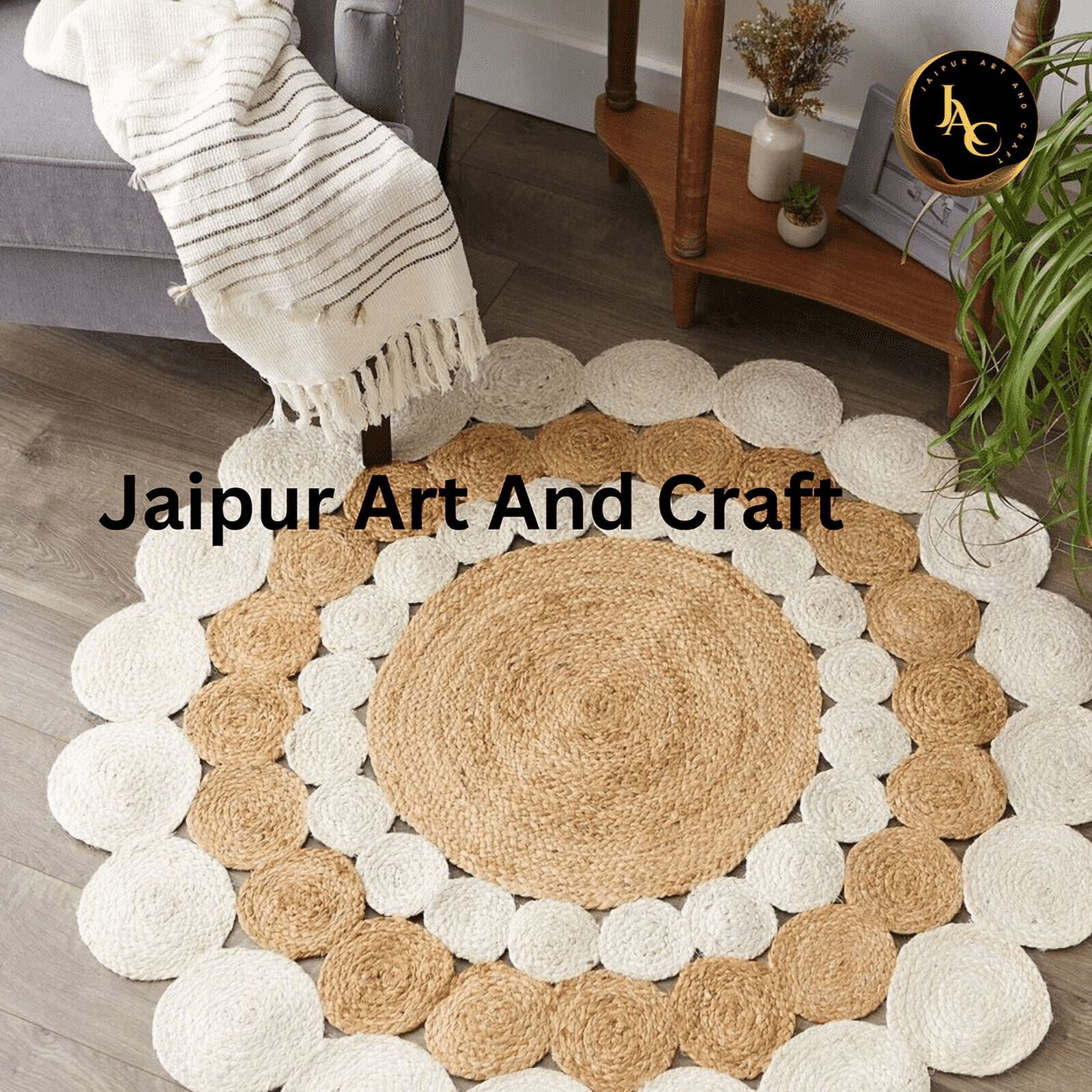 Jaipur Art And Craft Round Area Rug Natural Jute Hand Braided Multi Circle Design Brown, White Carpet (9x9 Sq Ft)