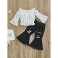 thumbnail image 3 of Franhais 2Pcs Toddler Girls Summer Outfits, Long Bell Sleeve Off Shoulder Tops + Ripped Flare Jeans Set, 3 of 9