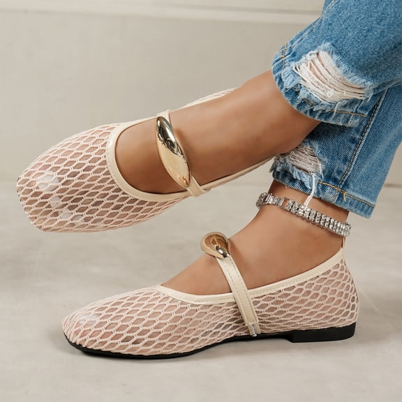 HTHLVMD Summer Walking Shoes, Hollow Breathable Casual Footwear, Mesh Mary Jane, Women's Mesh Ballet Flats Fishnet Ballerina Flats Buckle Strap Mary Jane Causal Daily Dress Shoes, Beige 5.5
