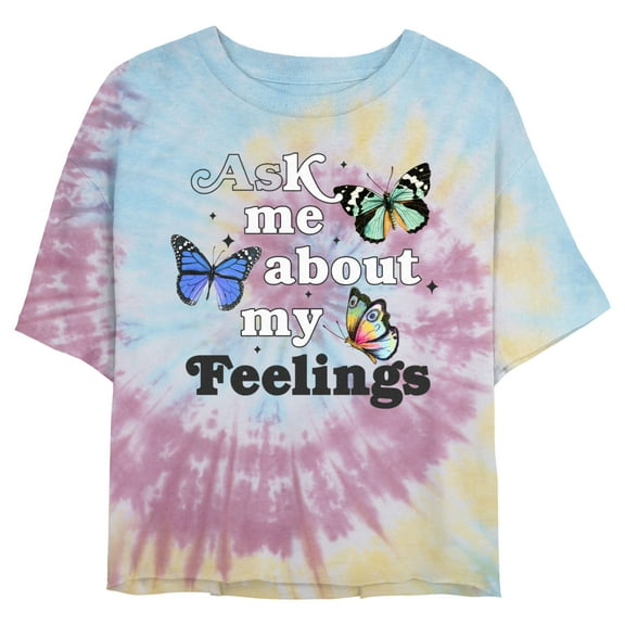 Juniors' Lost Gods My Feelings Butterflies Cropped T-Shirt Blue/Pink/Light Yellow Small