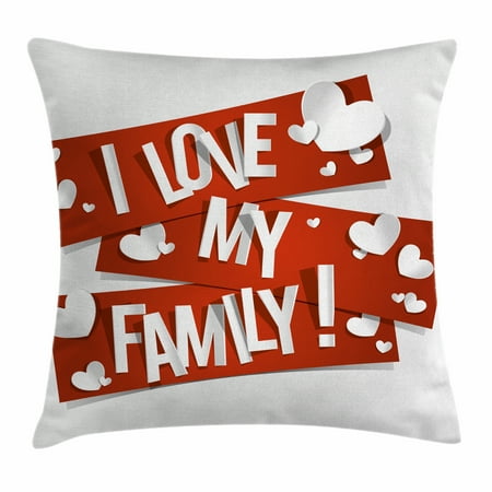 Pillows With Messages Family Throw Pillow Cushion Cover, Red Banners with Family Love Message and White Hearts Passionate Illustration, Decorative Square Accent Pillow Case, 20 X 20 Inches, Red and White, by Ambesonne ()