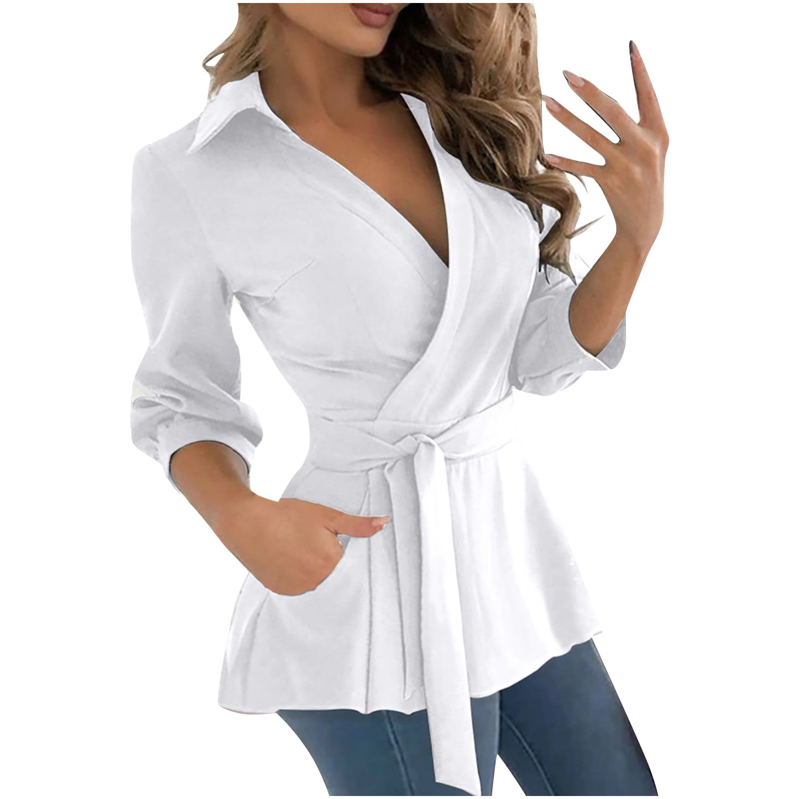 トップス S front belt blouse ZXZY Short Sleeve Cardigan Peplum Blouse V-Neck Relaxed Fit