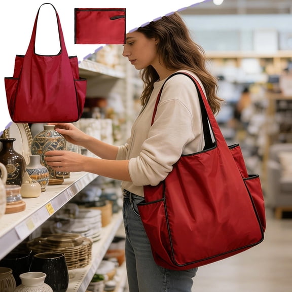 Lunxisen 2 Pcs Color Blocked Shopping Tote Bag Waterproof Foldable Reusable Grocery Bag with Cup Holder for Travel Beach