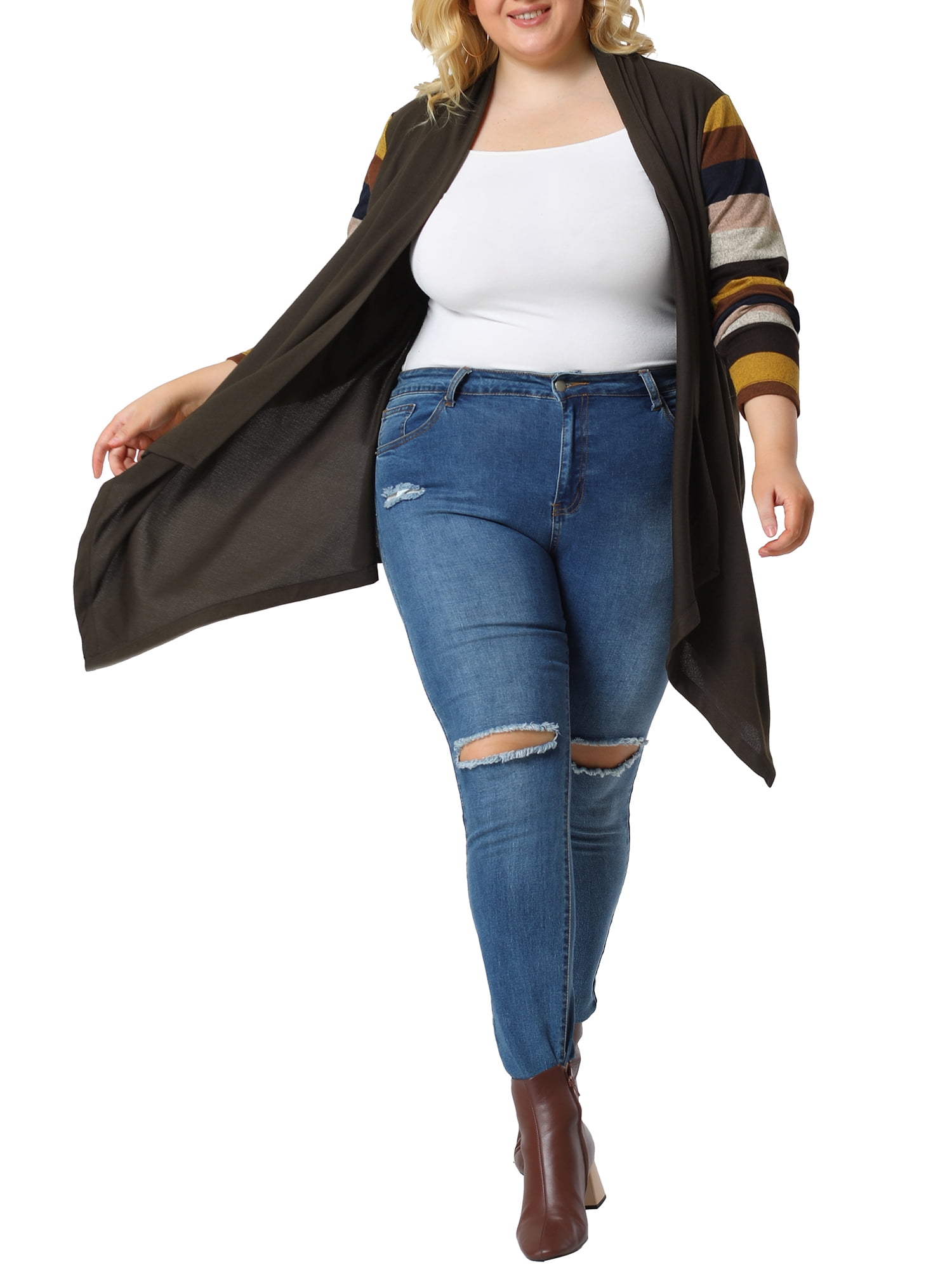 DARING DIVA Plus Size Striped Open Front Knit Cardigan Sweaters Shrugs 4X Dark Coffee