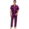 thumbnail image 1 of Conjunto de pijama de satén para hombre, ropa de dormir, manga corta, con botones, ropa de noche, conjunto de ropa de estar Borgoña Morado M, 1 of 5
