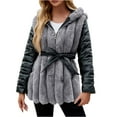 thumbnail image 2 of BiZtdJrK Prime Day Sales Women's Faux Leather Coat with Faux Fur Collar Winter Warm Belted Mid Length Trim Jacket Fur Lined with Hood Gray XL, 2 of 8