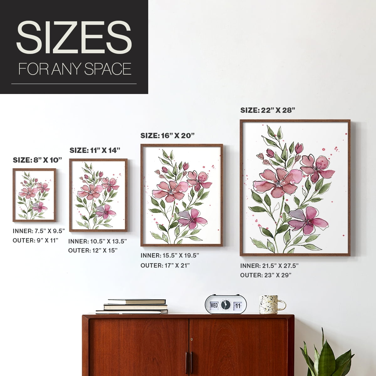 Watercolor Floral Stems I Framed Print in Brown Solid Wood 11 x 14 Framed Print