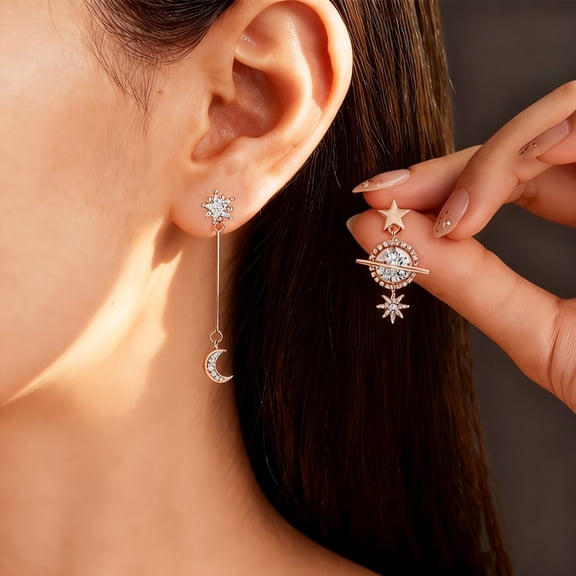Earrings 925 Sterling Silver Moon Star Dangle Drop Women Celestial Jewelry Gift