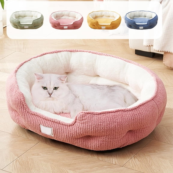 Cat & Dog Elliptic Bed | Thick Winter Warm Velvet, Plush Arctic Fleece | 18.9x15.75 in, Non-Skid Waterproof Base | Soft, Scallop-Shaped, All-Season Mint Green Pink Blue | Cozy Pet Sleeping Pad