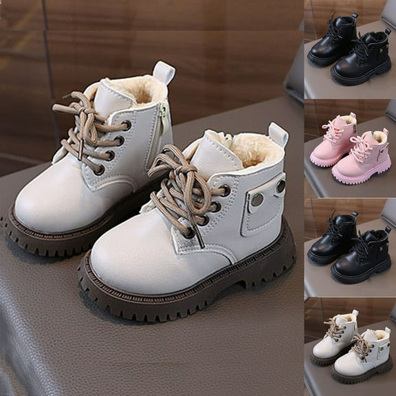 Miluxas Girls/Boys Ankle Combat Boots Fleece Lined with Side Zipper and Lace-up, Waterproof Style, Easy on/off Shoes for Toddler/Little Kid/Big Kid Pink 5.5-6Years