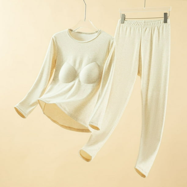 Conjuntos de ropa interior térmica para mujer, otoño e invierno, suave, cálida, de manga larga, cuello redondo y sujetador incorporado, ropa interior térmica adecuada para climas fríos, parte superior