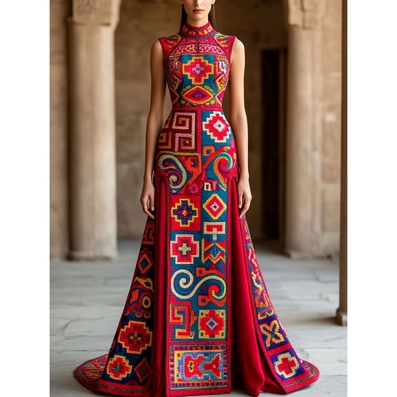 Women's Multicolor Geometric Embroidered Sleeveless Maxi Dress High Stand Collar Mermaid Skirt Cotton Satin Blend Dress