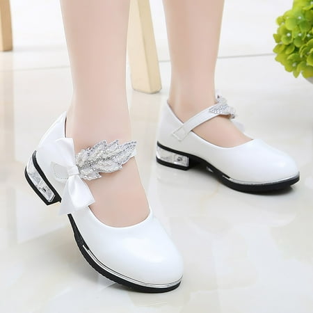 

nsendm Girls Dress Shoes For Girls Wedding Bowknot Girl Shoes Princess Party School Shoes Low Heel For Flossy Posse Girls White 5.5 Years