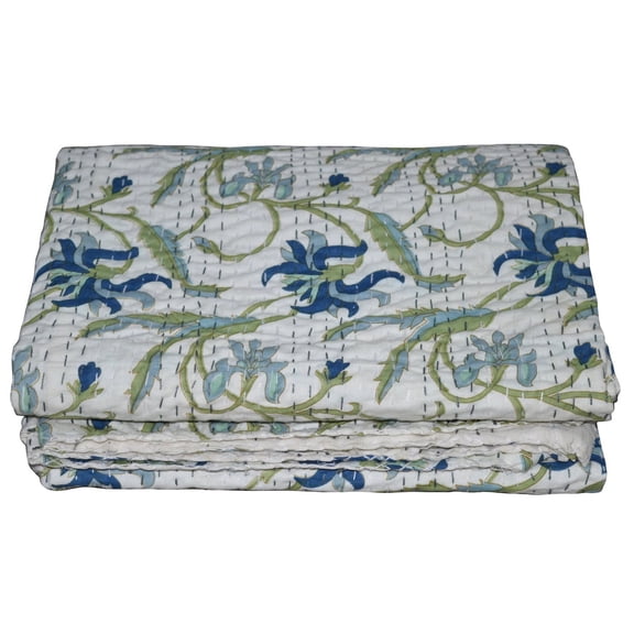 Indian Vintage Kantha Quilt Cotton Kantha Throw Kantha Blanket Handmade Quilt Double Size Kantha Bedspread White Floral Print