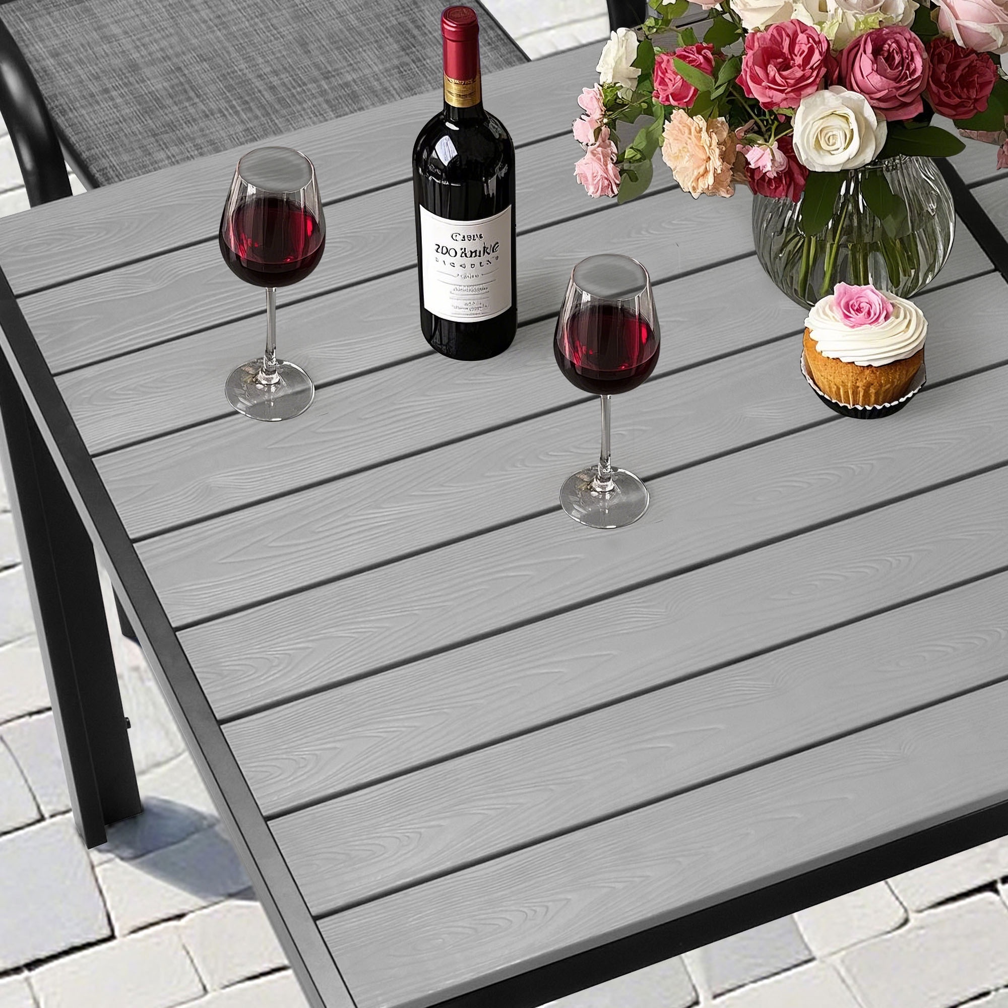Patio Dining Set of 7, Outdoor Table and Chairs Textilene Design, Patio Furniture with Rectangle Plastic-wood Table, Space-saving Dining Table Set Stackable Design, Gray