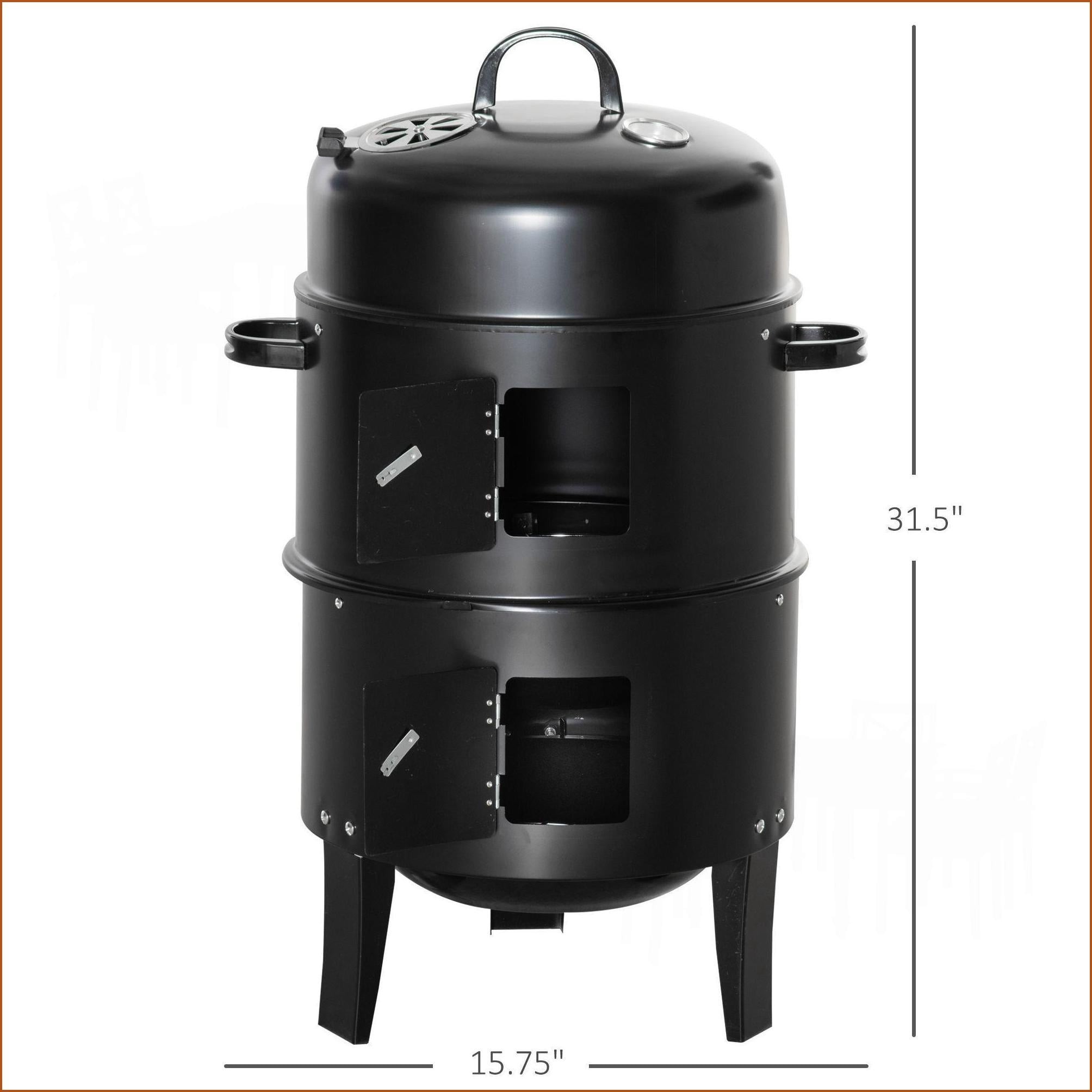 Charcoal BBQ Smoker 3-in-1 Vertical 16” Round Grill with Dual Cooking & Thermometer for Outdoor Camping Picnic Backyard | Black | Metal