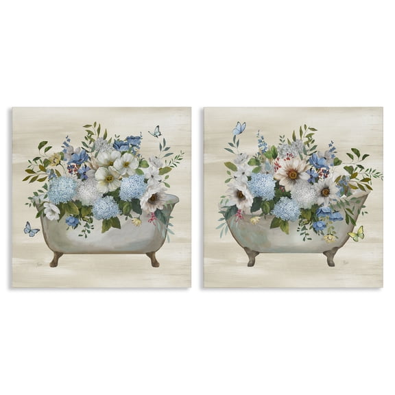 Stupell Industries Butterfly Hydrangea Bathtub Bath & Laundry Painting Wrapped Canvas Art Print Wall Art, 17 x 17, Set of 2