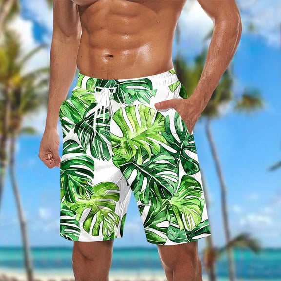 Mens Shorts Hawaiian Print Pockets Casual Elastic Waist Drawstring Beach Shorts Green XXXXXL