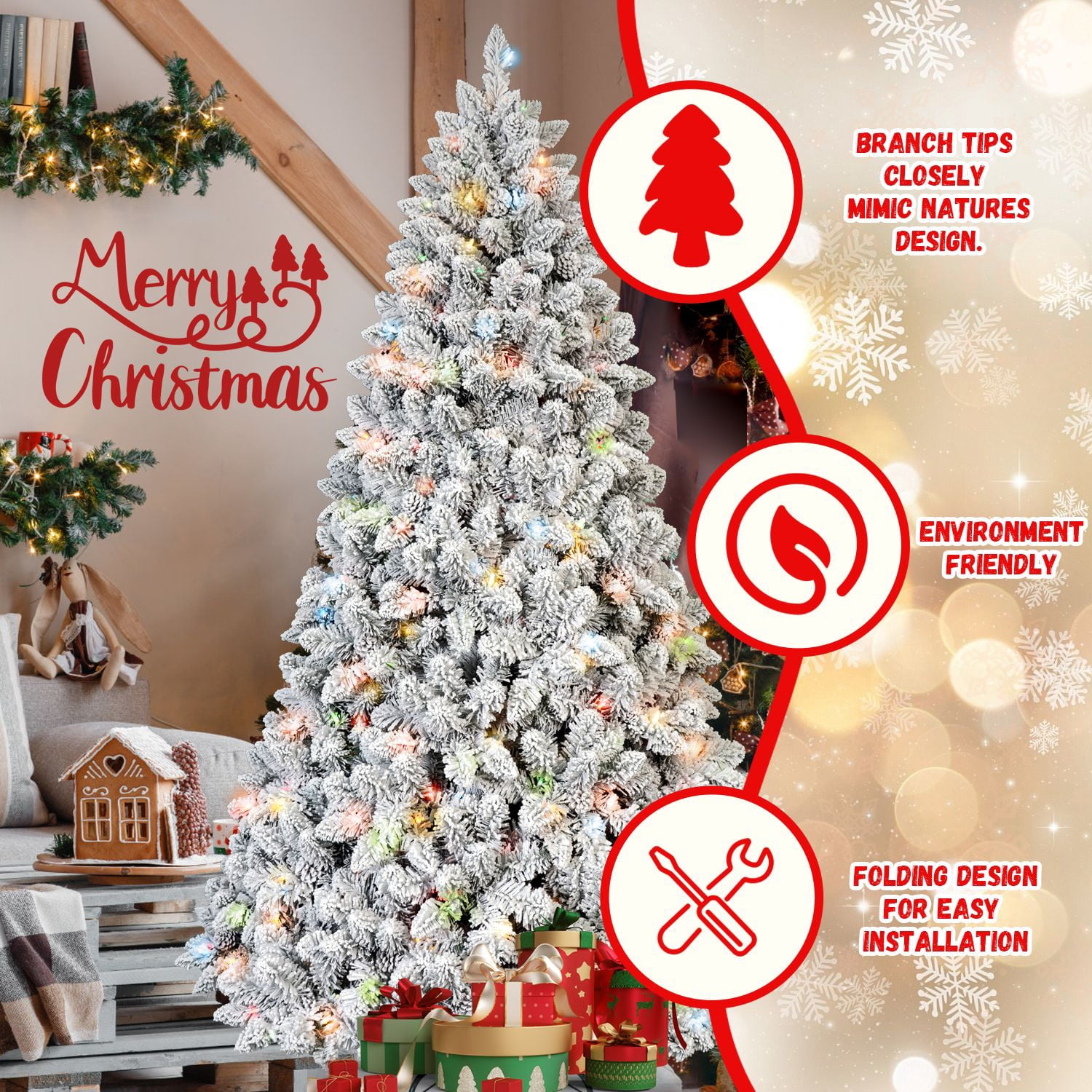 Alvantor 6FT Flocked Christmas Tree with 350 Colorful Lights & 36 Pine Cones & 888 Tips for Indoor Holiday Decoration White