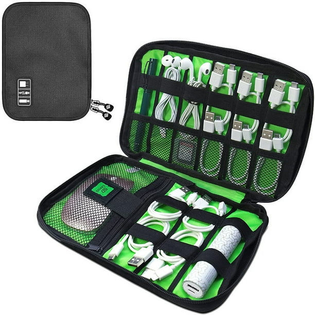 Bolsa organizadora de cables de viaje Luxtude, bolsa organizadora de cables plana, estuche portátil para dispositivos electrónicos, artículos esenciales de viaje para guardar cables, color negro.