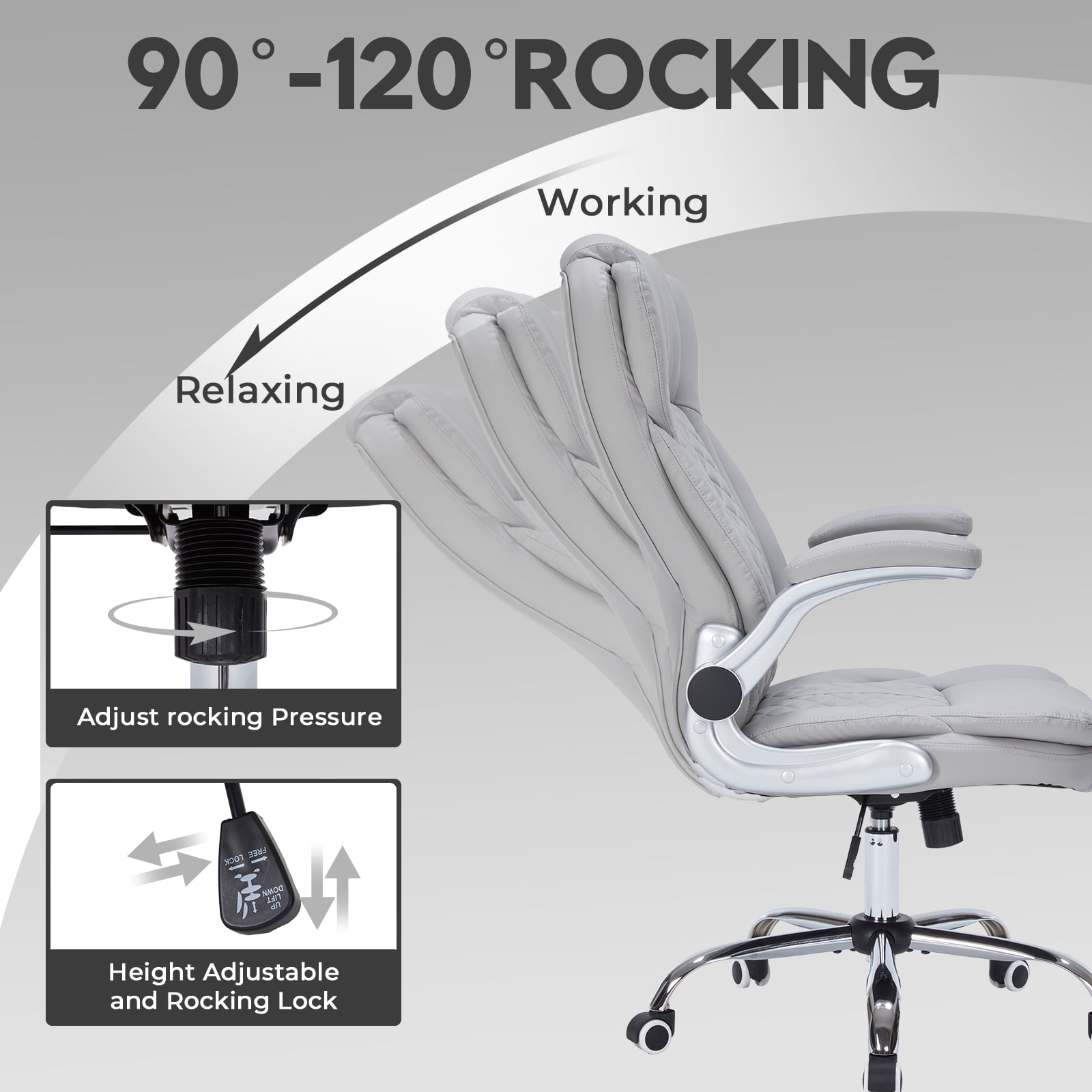 HESL Office Chair with Flip-Up Arms, Big and tall Office Chair with Rocking Mode, Desk Chair, GREY