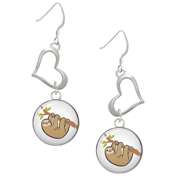 Delight Jewelry Silvertone Domed Sloth Open Heart French Earrings