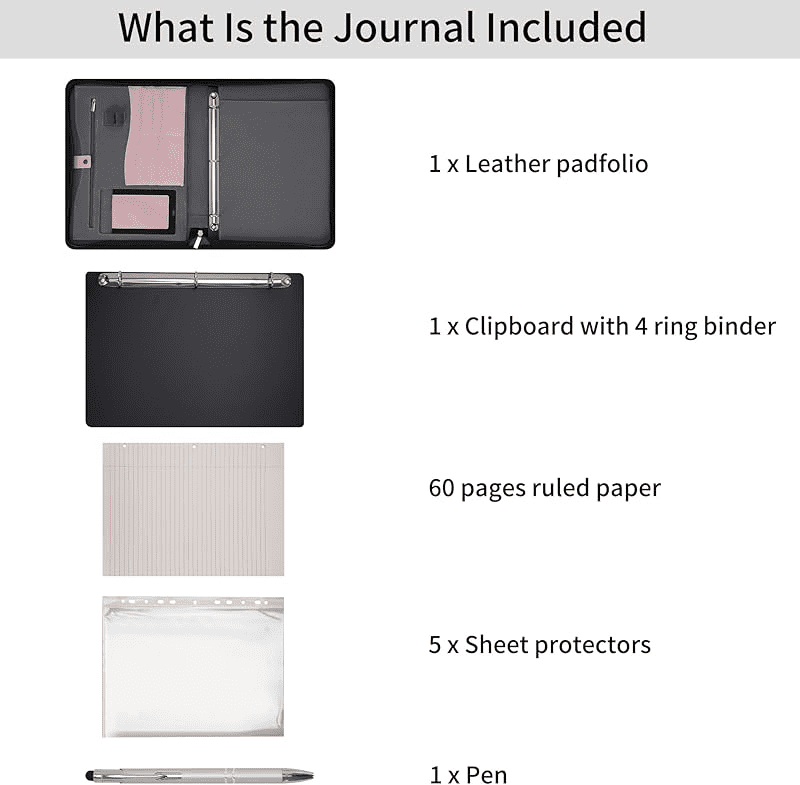 Wonderpool Travel Zippered Portfolio 3 Ring Binder A4 Padfolio Document Case with Removable Clipboard Legal Pad Holder, Business Office School Organizer for Men and Women (Pink)