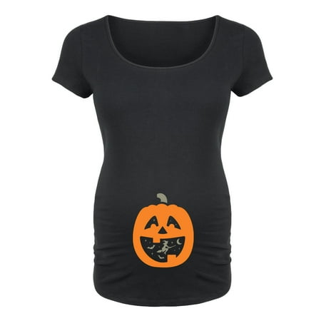 

Bloom Maternity - Pumpkin With Halloween Scene - Maternity Scoop Neck T-Shirt