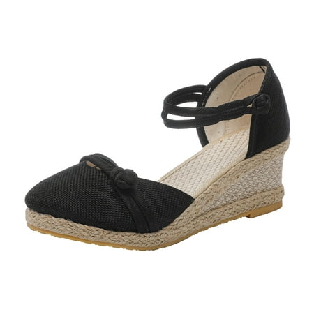 

SEMIMAY Leisure Women Summer Weave Wedges Breathable Elastic Band Round Toe Sandals Comfortable Beach Shoes