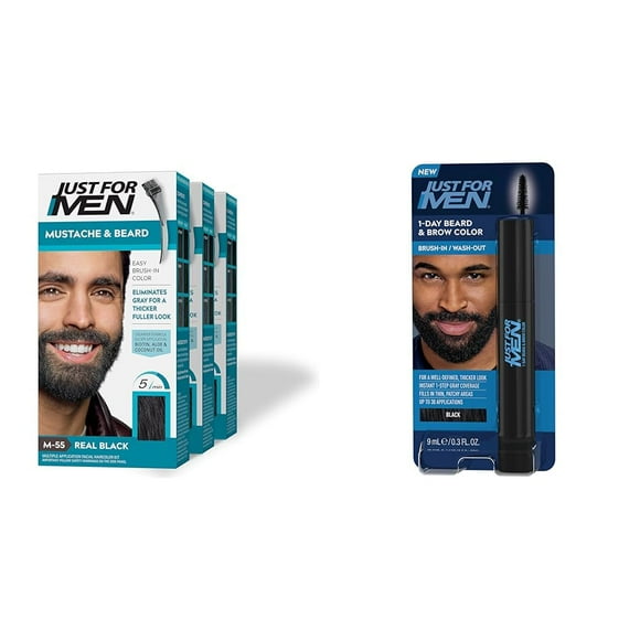 Just For Men Mustache & Beard, Real Black, M-55, Pack of 3 + Just for Men 1-Day Beard & Brow Color, Temporary Color for Beard and Eyebrows, Up to 30 Applications, Black