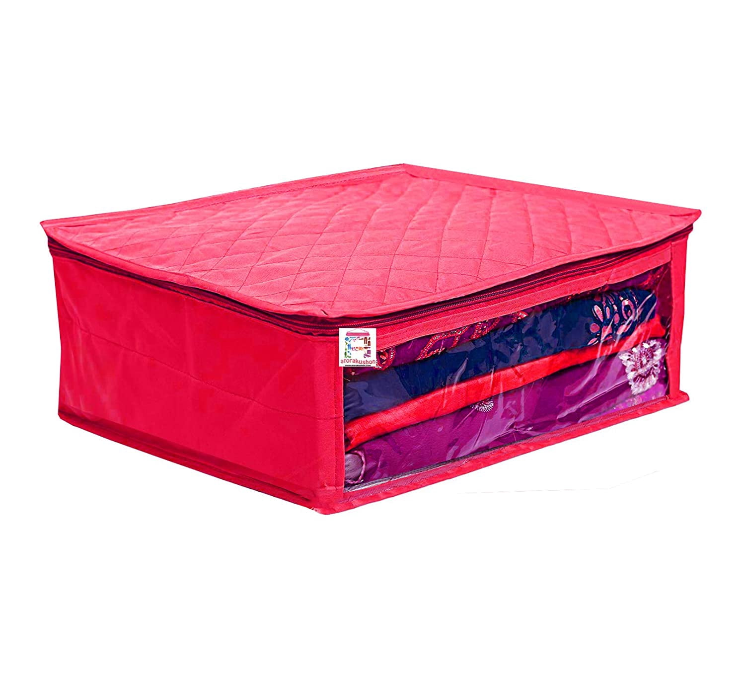 atorakushon Fabric Satin Foldable Saree Covers Cloth Garments Storage Bag Wardrobe Organizers with Strong Zippers & Transparent Window Pack of 2 Pink
