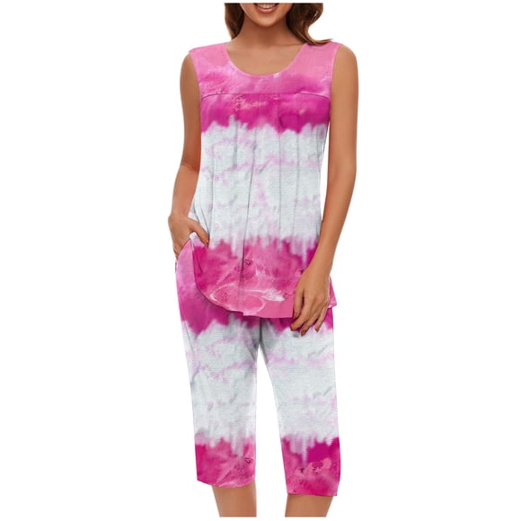 Conjunto de Verano para las Mujeres Impreso Casual sin Mangas Plisado Superior Y Pantalones Recortados, Cuello Redondo Conjunto de Dos Piezas