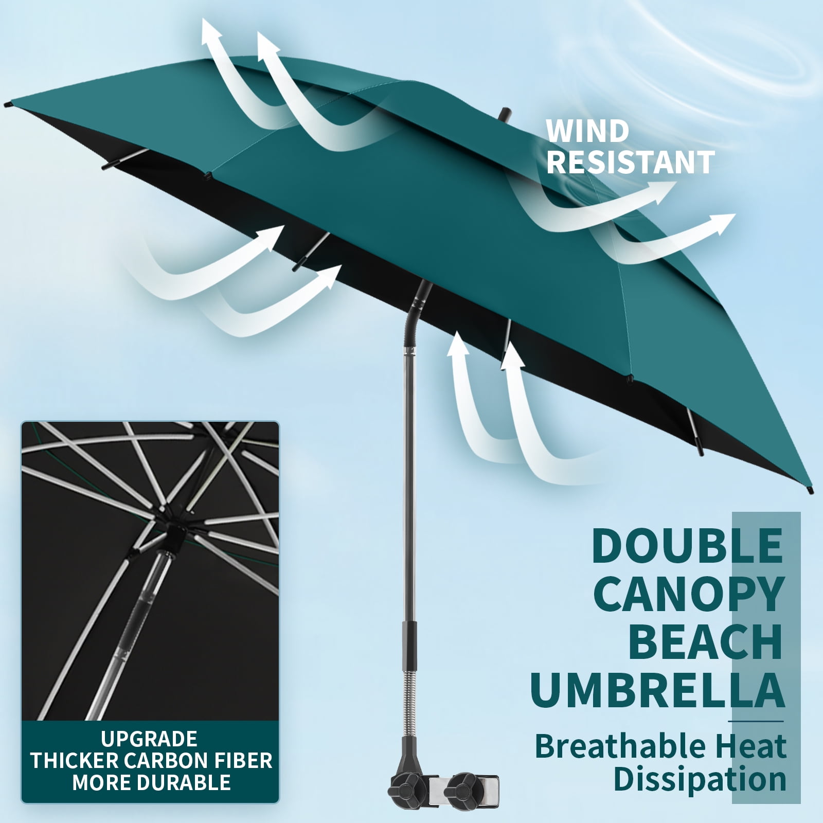 2 Pack 48.6" Double Canopy Umbrella with Clamp, UPF50+ Beach Chair Umbrella with clip, 360°Adjustable Portable Outdoor Wheelchair, Patio, Golf Carts,Camping(Hunter Green, Not Include Chair)