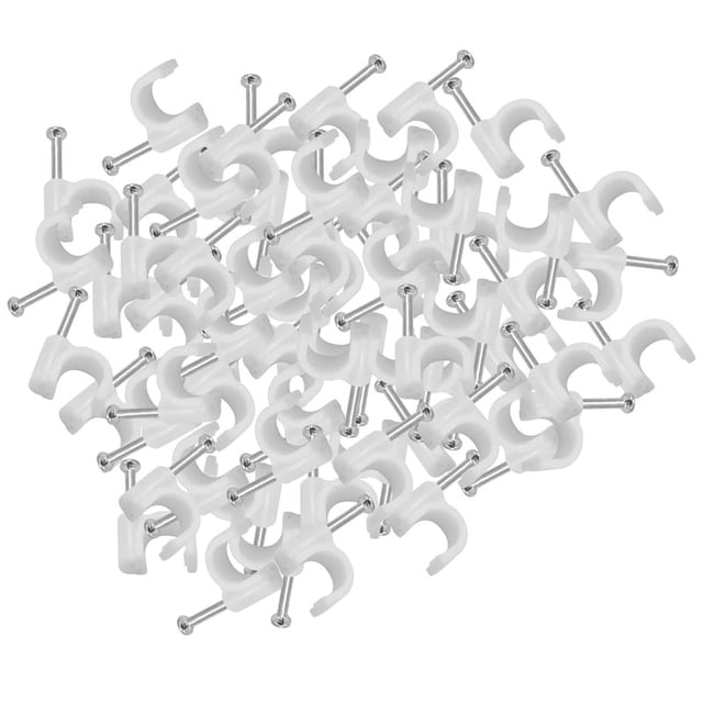 300 grapas para cables, fijación de pared para cables Ethernet RG6 RG59 Cat5 Cat6 RJ45 cable de TV 7 mm color blanco, paquete de 300 abrazaderas en C con clavo de acero inoxidable en vista cenital sobre fondo blanco; para organización de cables en hogar y oficina, aptas para uso interior y exterior.